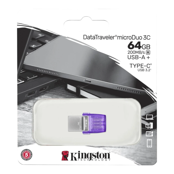 Flash Drive Dual USB-A/USB-C KINGSTON 64GB DataTraveler microDuo 3C (Retail/Blister)