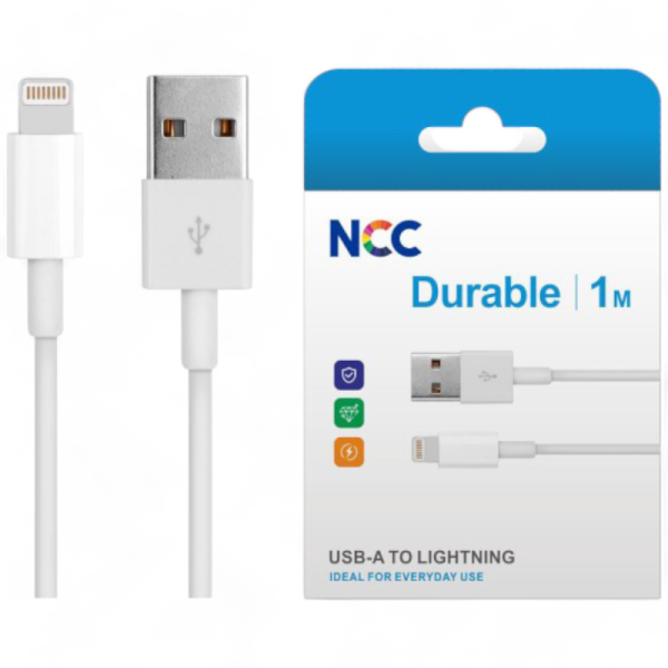 Charging Data Cable NCC USB-A TO Lightning (1M|20W|Durable), white (Retail/Blister)