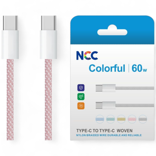 Charging Data Cable NCC USB-C TO USB-C (1M|60W|Colorful) Nylon, pink (Retail/Blister)