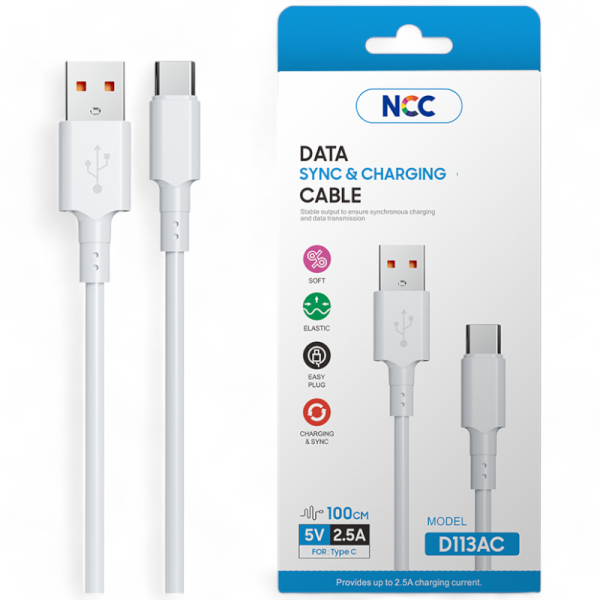 Charging Sync Cable NCC USB-A TO USB-C (1M|5V/2.5A|D113AC), white (Retail/Blister)