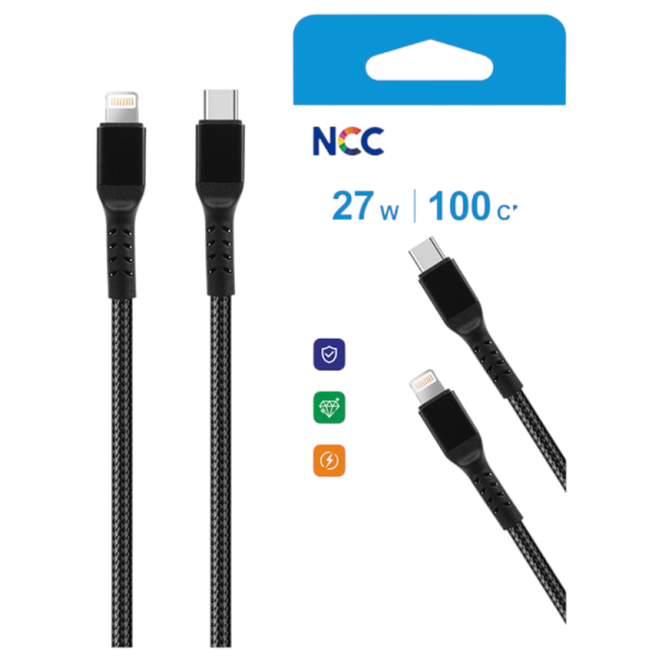 Charging Sync Cable NCC USB-C TO Lightning (1M|27W|D111CL) Nylon, black (Retail/Blister)
