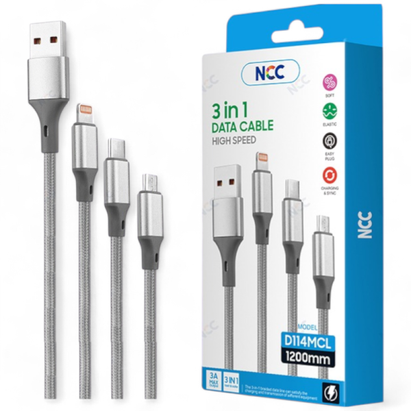 Charging Universal Cable 3in1 NCC USB-A TO USB-C/Lightning/Micro-USB (1,2M|5A|D114MCL), silver/grey