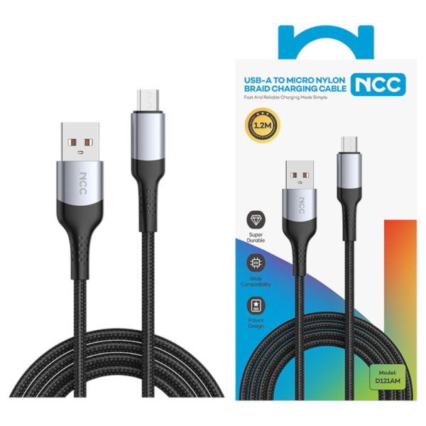 Charging Sync Cable NCC USB-A TO Micro-USB (D121AM|1.2M), Nylon&Alu, black/silver (Retail/Blister)