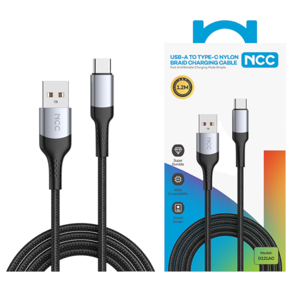 Charging Sync Cable NCC USB-A TO USB-C (D121AC|1.2M), Nylon&Alu, black/silver (Retail/Blister)