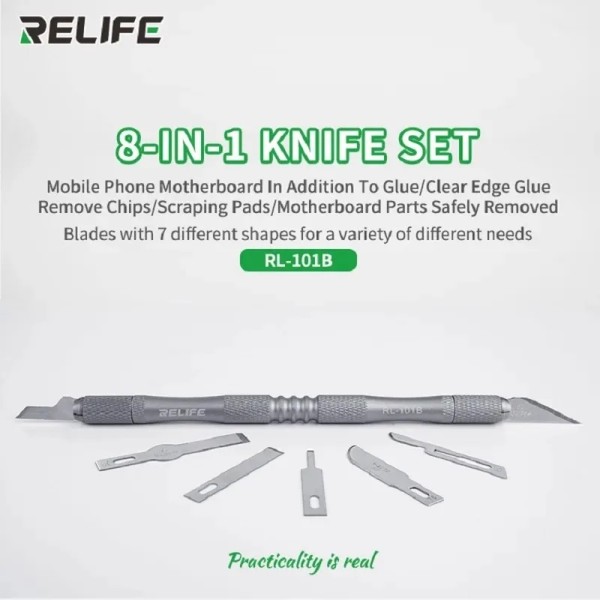Messer/Skalpell Set (Handstück 2-fach mit 8 Klingen) RELIFE RL-101B, silber