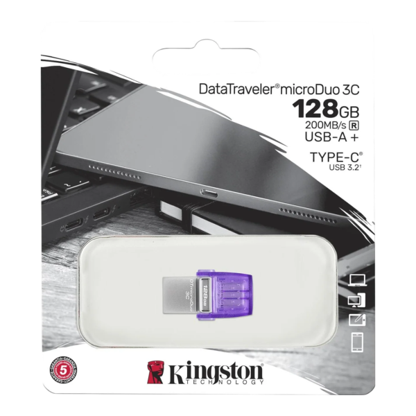 Flash Drive Dual USB-A/USB-C KINGSTON 128GB DataTraveler microDuo 3C (Retail/Blister)
