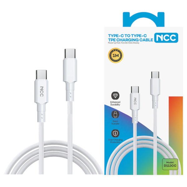 Charging Sync Cable NCC USB-C TO USB-C (1M|60W|D113CC), white (Retail/Blister)