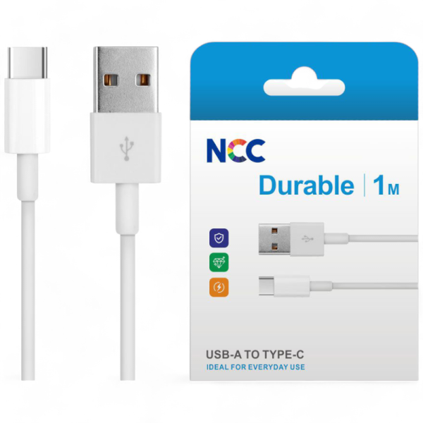 Charging Data Cable NCC USB-A TO USB-C (1M|20W|Durable), white (Retail/Blister)