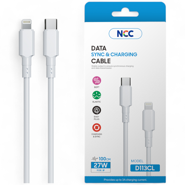 Charging Sync Cable NCC USB-C TO Lightning (1M|27W|D113CL), white (Retail/Blister)