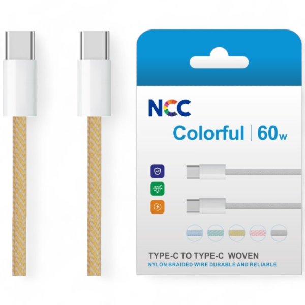 Charging Data Cable NCC USB-C TO USB-C (1M|60W|Colorful) Nylon, yellow (Retail/Blister)