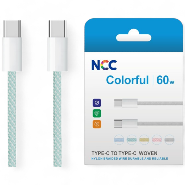 Charging Data Cable NCC USB-C TO USB-C (1M|60W|Colorful) Nylon, green (Retail/Blister)