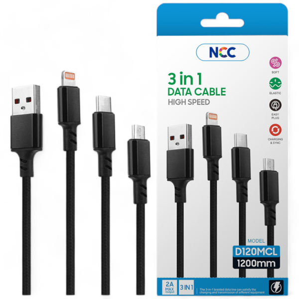 Charging Universal Cable 3in1 NCC USB-A TO USB-C/Lightning/Micro-USB (1,2M|2A|D120MCL), black (Retai