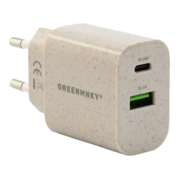 Power Adapter Plant Straw by GREEN MNKY 1xUSB-A + 1xUSB-C [20W]