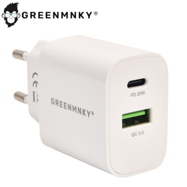 Power Adapter 1xUSB-A+1xUSB-C PD [20W] SmartSeries Quick Charger by GREEN MNKY