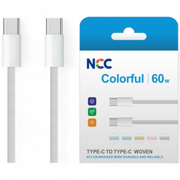 Charging Data Cable NCC USB-C TO USB-C (1M|60W|Colorful) Nylon, white (Retail/Blister)