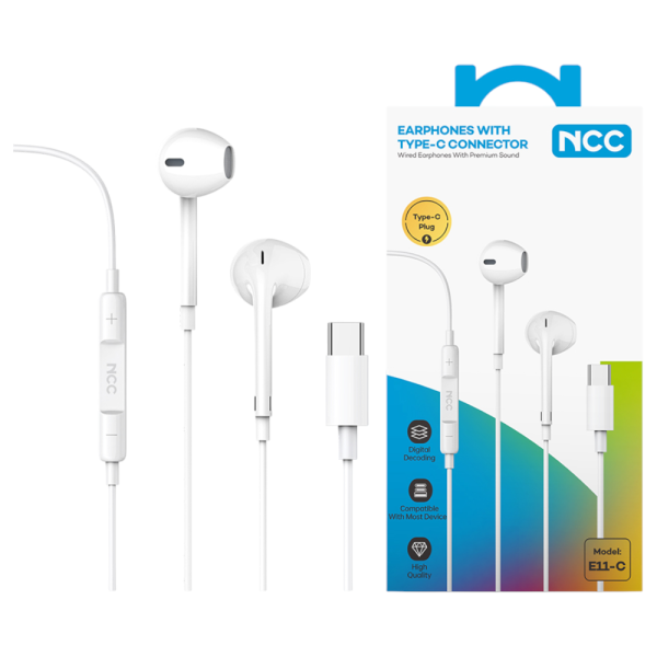 Kopfhörer Headset NCC Earphones (HIFI|E11-C|Typ-C), 120cm, white (Retail/Blister)