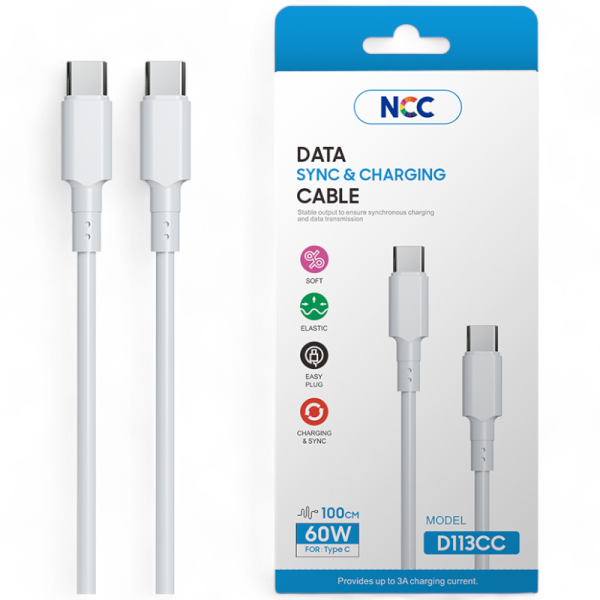 Charging Sync Cable NCC USB-C TO USB-C (1M|60W|D113CC), white (Retail/Blister)