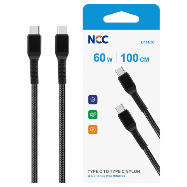 Charging Sync Cable NCC USB-C TO USB-C (1M|60W|D111CL) Nylon, black (Retail/Blister)