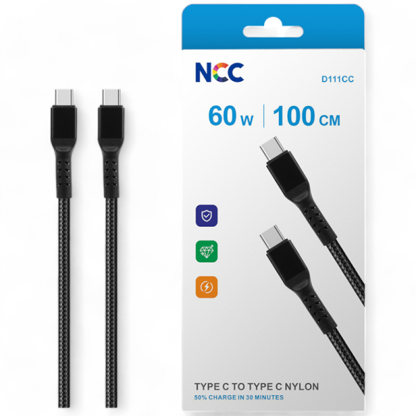 Charging Sync Cable NCC USB-C TO USB-C (1M|60W|D111CL) Nylon, black (Retail/Blister)