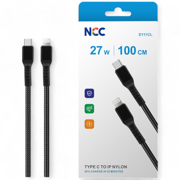 Charging Sync Cable NCC USB-C TO Lightning (1M|27W|D111CL) Nylon, black (Retail/Blister)