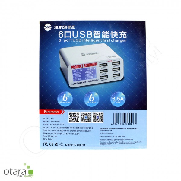 Power Adapter Sunshine SS-304D (6-Port USB 3.0) mit Spannungsanzeige [40 Watt], weiß