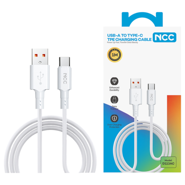 Charging Sync Cable NCC USB-A TO USB-C (1M|5V/2.5A|D113AC), white (Retail/Blister)